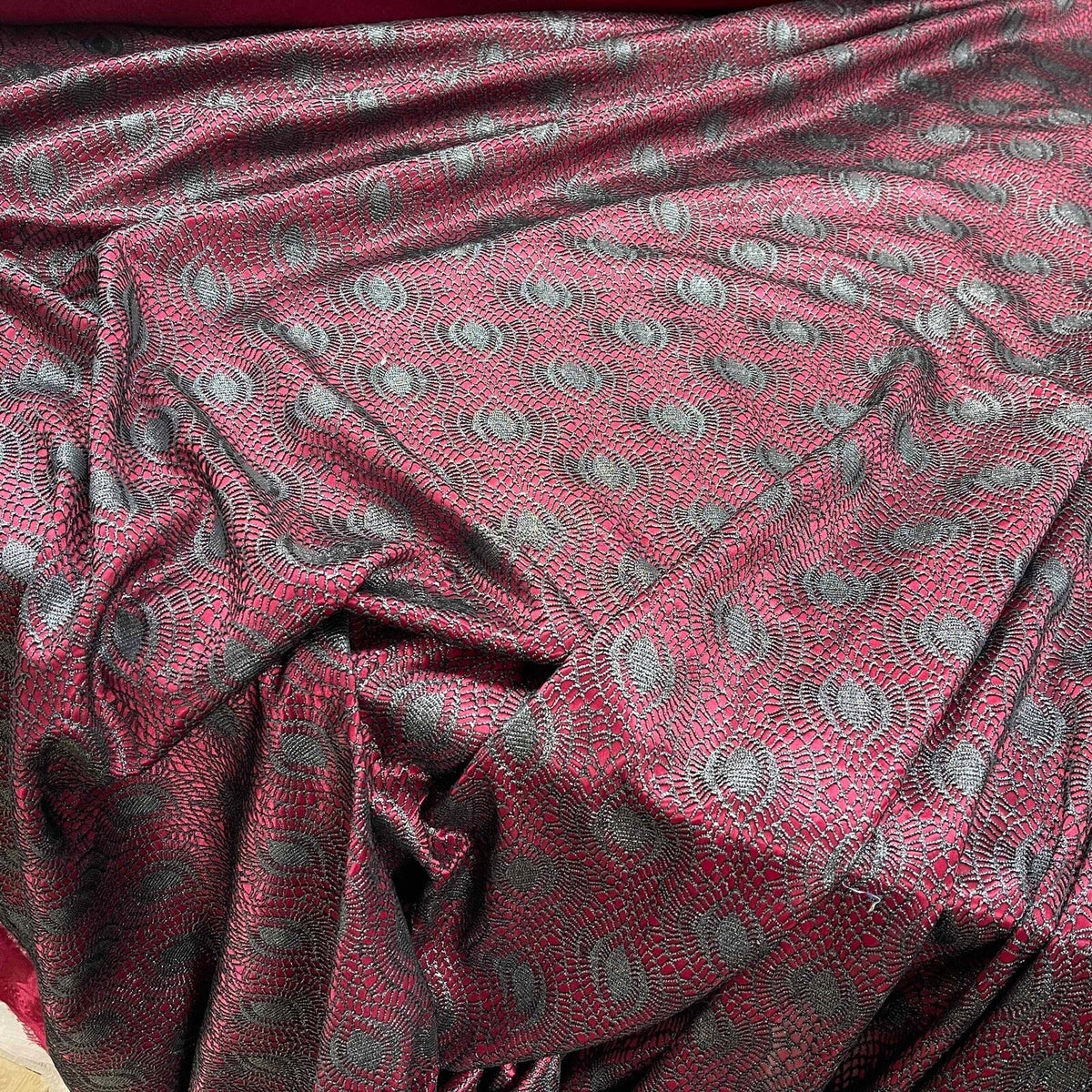 Burgundy Wine Satin Fabric Black Lace Overlay Polka Dot Bonded Dress Material - Bull Ring Fabrics