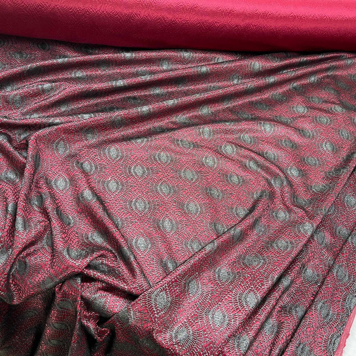 Burgundy Wine Satin Fabric Black Lace Overlay Polka Dot Bonded Dress Material - Bull Ring Fabrics