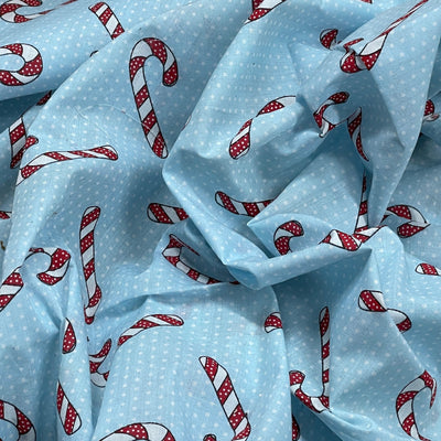 Candy Cane Pinspots Christmas Polycotton Fabric Xmas Crafts 45", Sky - Bull Ring Fabrics