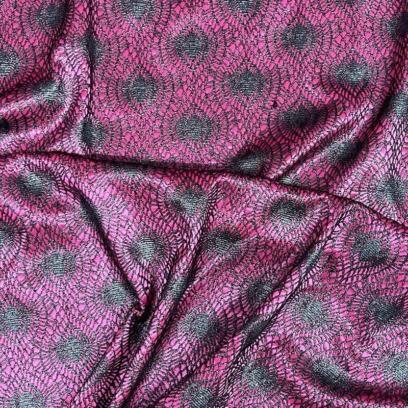 Cerise Pink Satin Fabric Black Lace Overlay Polka Dot Bonded Dress Material - Bull Ring Fabrics