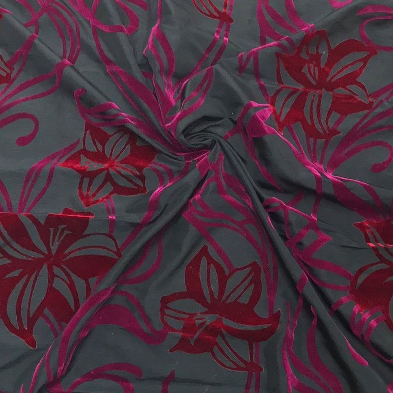 Cerise Red Floral Flocked Taffeta Fabric Dress Material 150cm Black - Bull Ring Fabrics