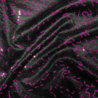 Cerise Sequins Cobweb Overlay Bonded Satin Net Lace, Black - Bull Ring Fabrics