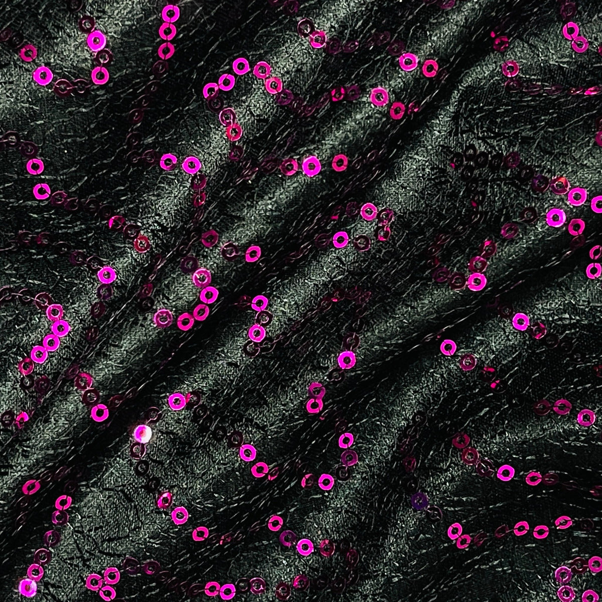 Cerise Sequins Cobweb Overlay Bonded Satin Net Lace, Black - Bull Ring Fabrics