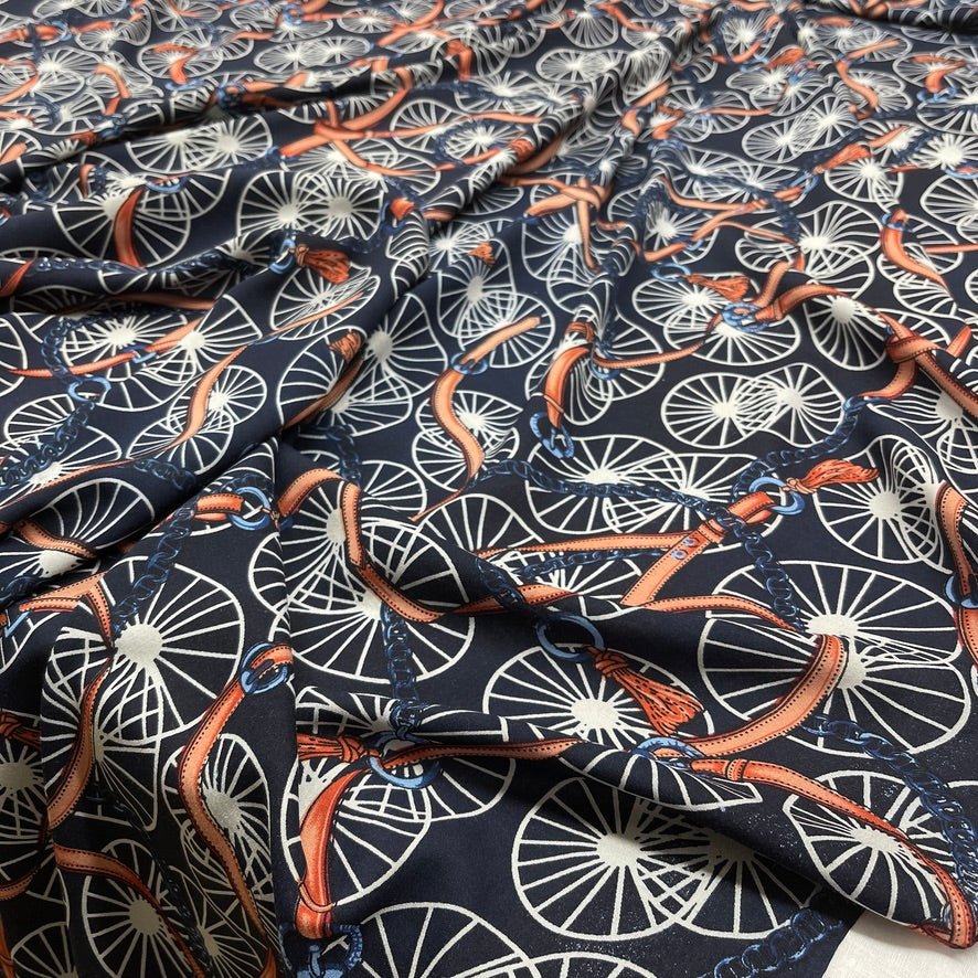 Chain & Belt Print 100% Viscose Summer Dress Fabric 60", Navy - Bull Ring Fabrics