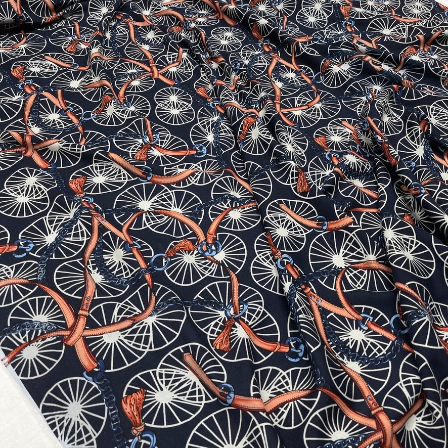 Chain & Belt Print 100% Viscose Summer Dress Fabric 60", Navy - Bull Ring Fabrics