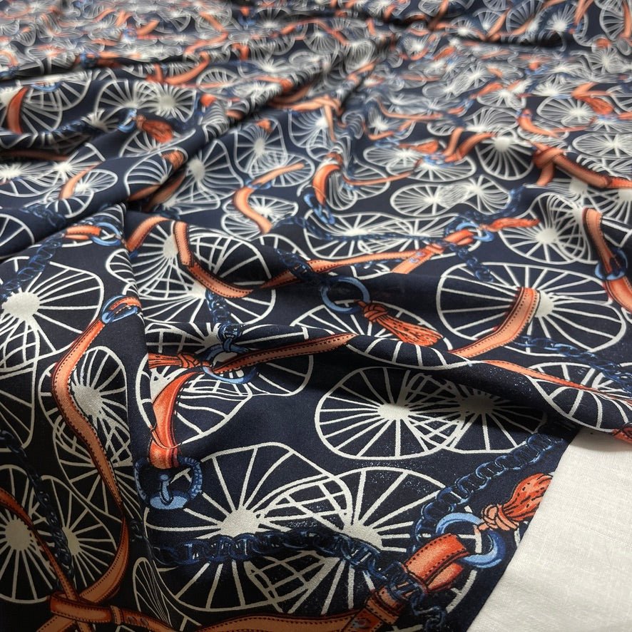 Chain & Belt Print 100% Viscose Summer Dress Fabric 60", Navy - Bull Ring Fabrics