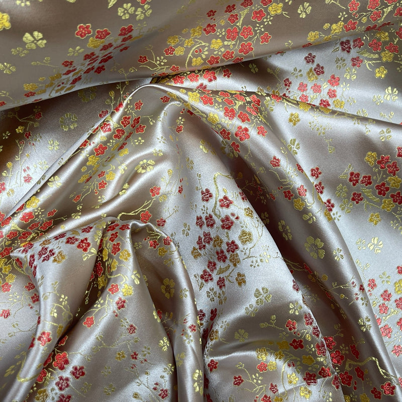 Chinese Blossom Silk Jacquard Brocade Fabric, Silver - Bull Ring Fabrics