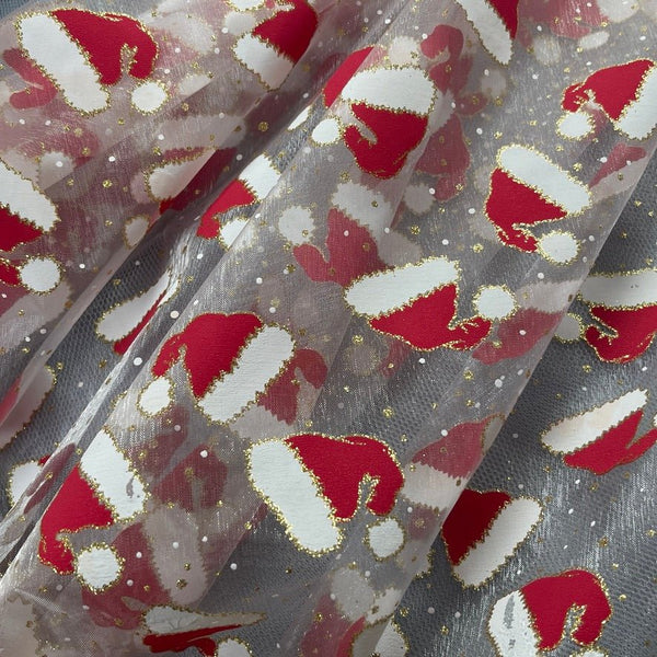 Christmas Glitter Organza Voile Fabric 60", Santa Hats - Bull Ring Fabrics