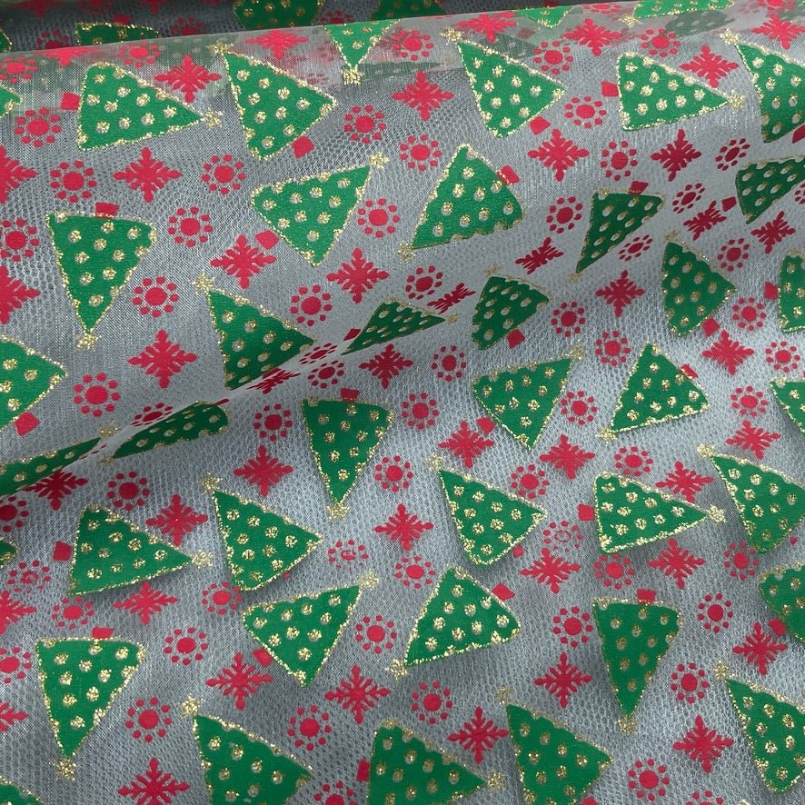 Christmas Glitter Organza Voile Fabric 60", Xmas Tree - Bull Ring Fabrics