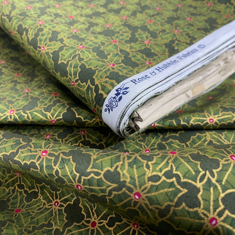 Christmas Hollies Berries Cotton Poplin Rose & Hubble Fabric, Bottle Green - Bull Ring Fabrics