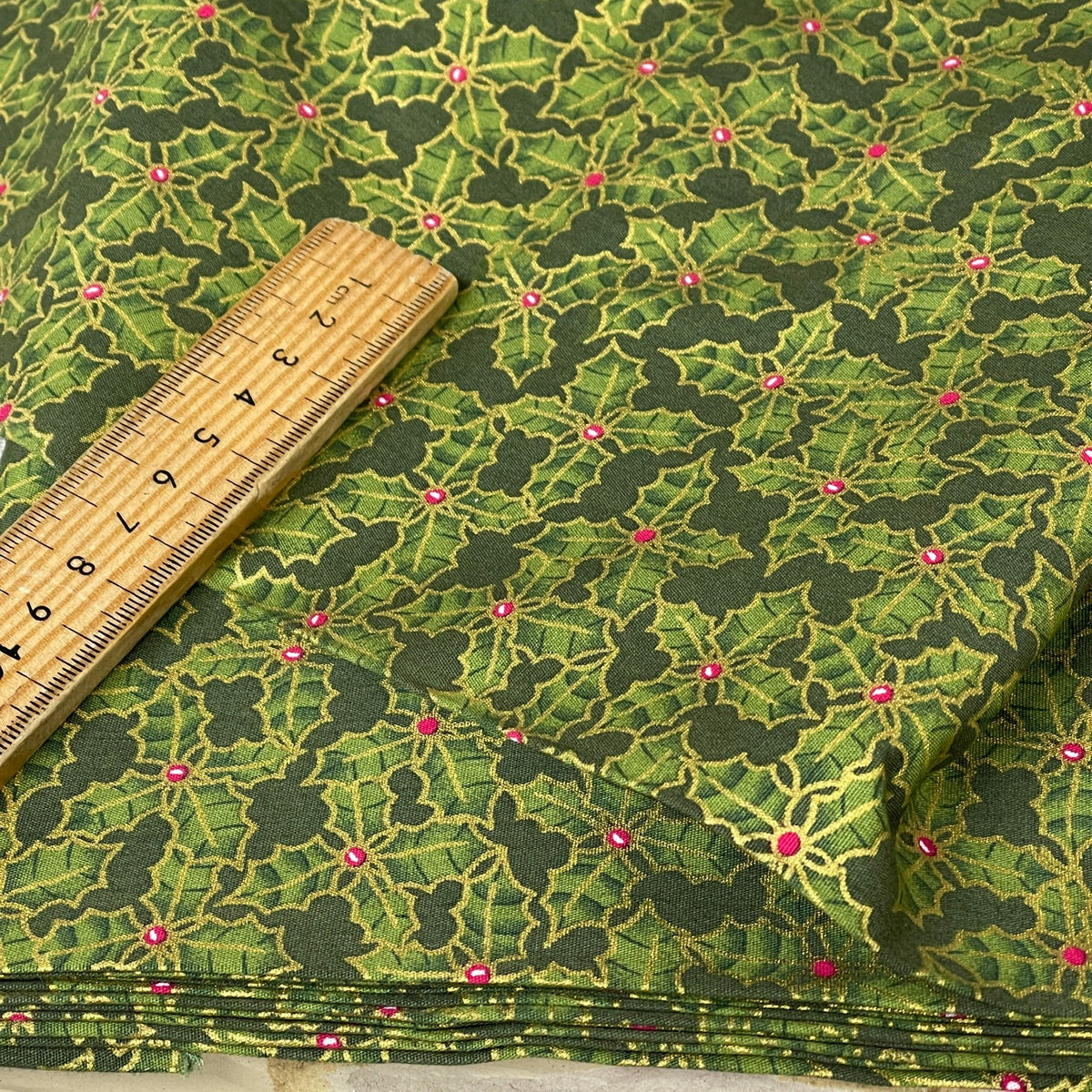 Christmas Hollies Berries Cotton Poplin Rose & Hubble Fabric, Bottle Green - Bull Ring Fabrics