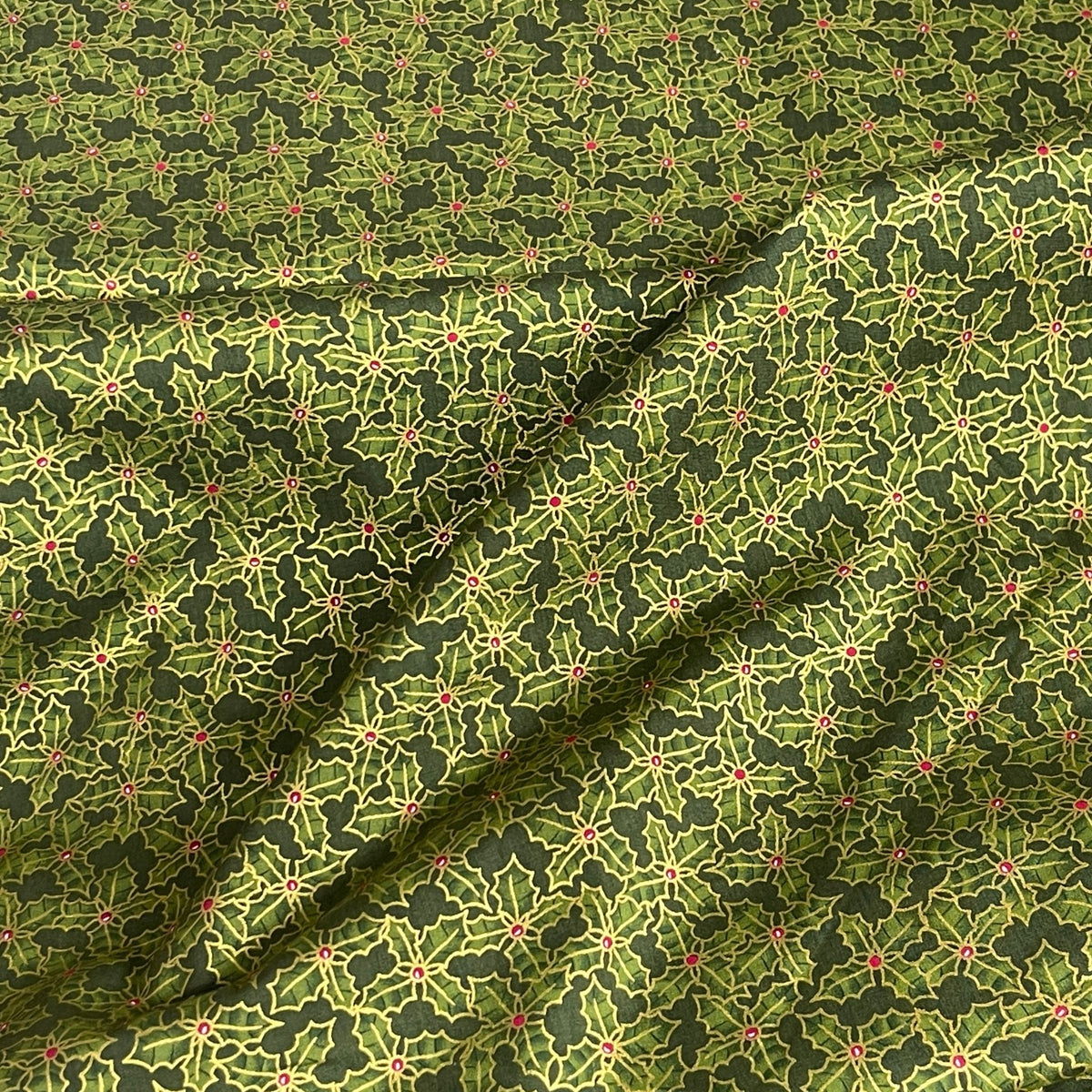 Christmas Hollies Berries Cotton Poplin Rose & Hubble Fabric, Bottle Green - Bull Ring Fabrics