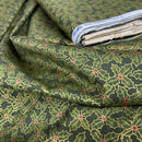 Christmas Hollies Berries Cotton Poplin Rose & Hubble Fabric, Bottle Green - Bull Ring Fabrics