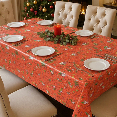 Christmas Oilcloth PVC ‘Let it Snow’ Xmas Tablecloth Fabric, Red - Bull Ring Fabrics
