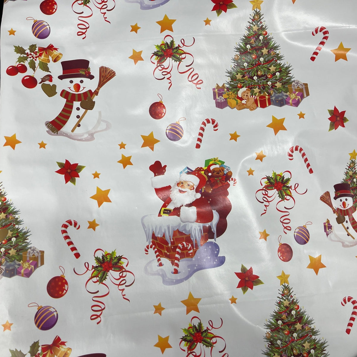 Christmas Oilcloth PVC Santa Snowman Xmas Tablecloth Fabric, White - Bull Ring Fabrics