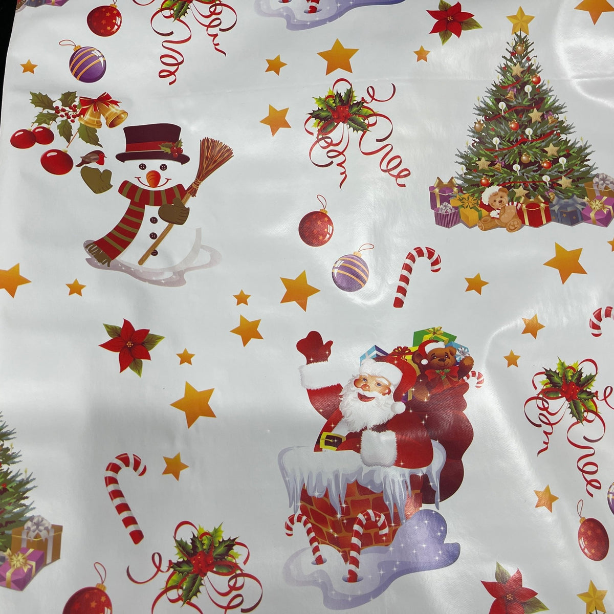 Christmas Oilcloth PVC Santa Snowman Xmas Tablecloth Fabric, White - Bull Ring Fabrics