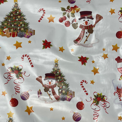 Christmas Oilcloth PVC Santa Snowman Xmas Tablecloth Fabric, White - Bull Ring Fabrics