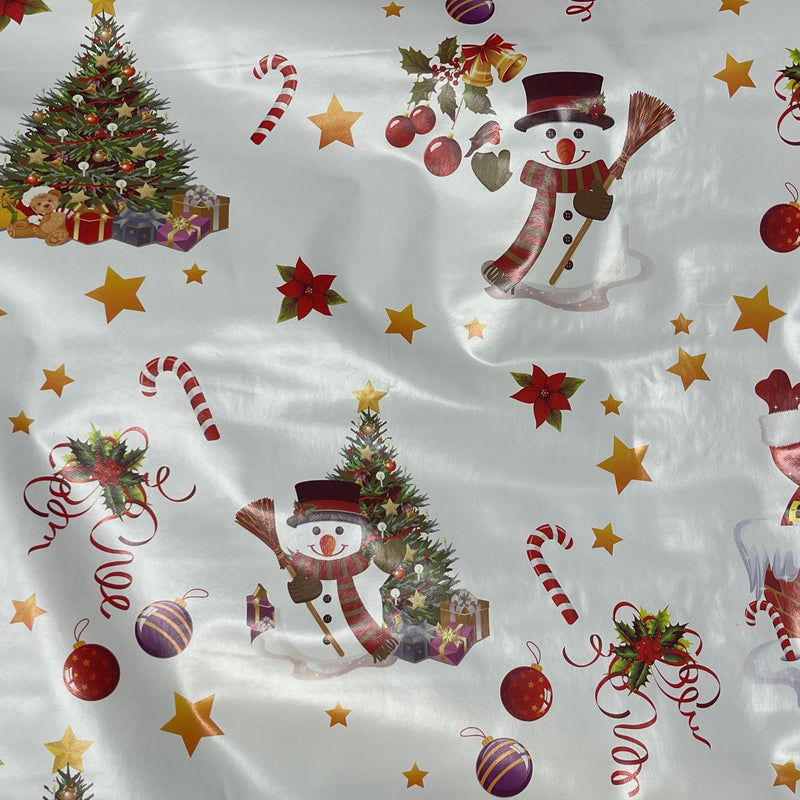 Christmas Oilcloth PVC Santa Snowman Xmas Tablecloth Fabric, White - Bull Ring Fabrics