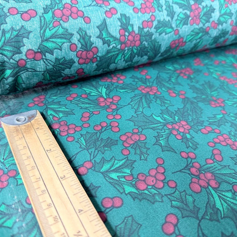 Christmas Polycotton Fabric Hollies & Berries Xmas Crafts 45" - Bull Ring Fabrics