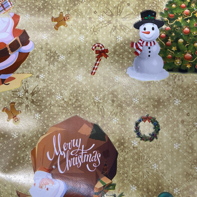 Christmas Print Santa Xmas Table Cloth Oilcloth PVC Fabric, Gold - Bull Ring Fabrics