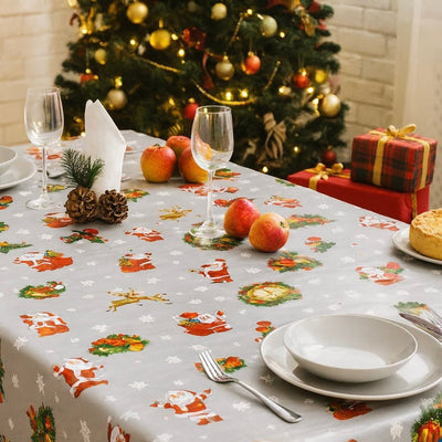 Christmas PVC Santa Rudolf Xmas Snow Tablecloth Fabric, Silver - Bull Ring Fabrics
