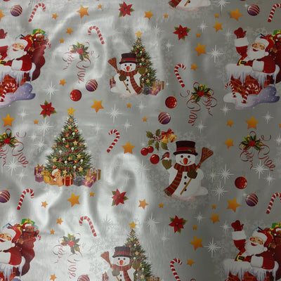 Christmas PVC Santa Xmas Tree Snowman Tablecloth Fabric, Silver - Bull Ring Fabrics