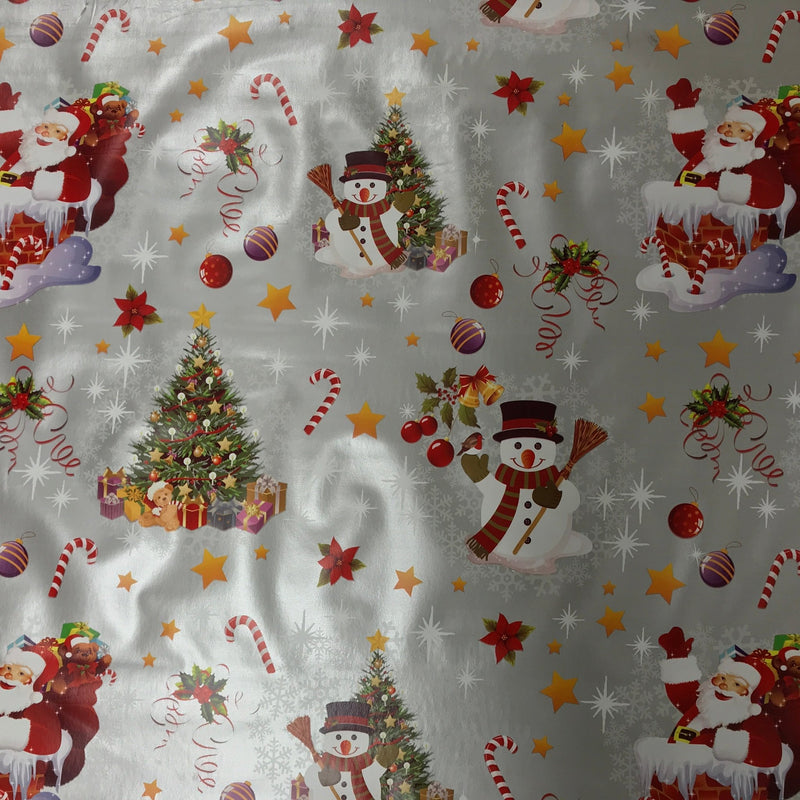 Christmas PVC Santa Xmas Tree Snowman Tablecloth Fabric, Silver - Bull Ring Fabrics