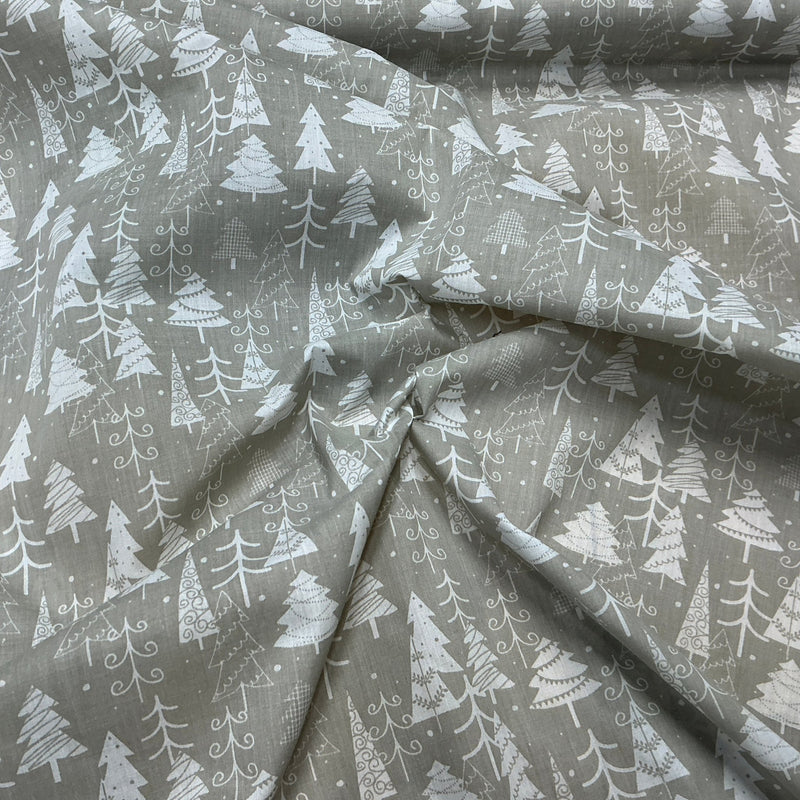 Christmas Tree Polycotton Fabric Xmas Crafts 45", Grey - Bull Ring Fabrics