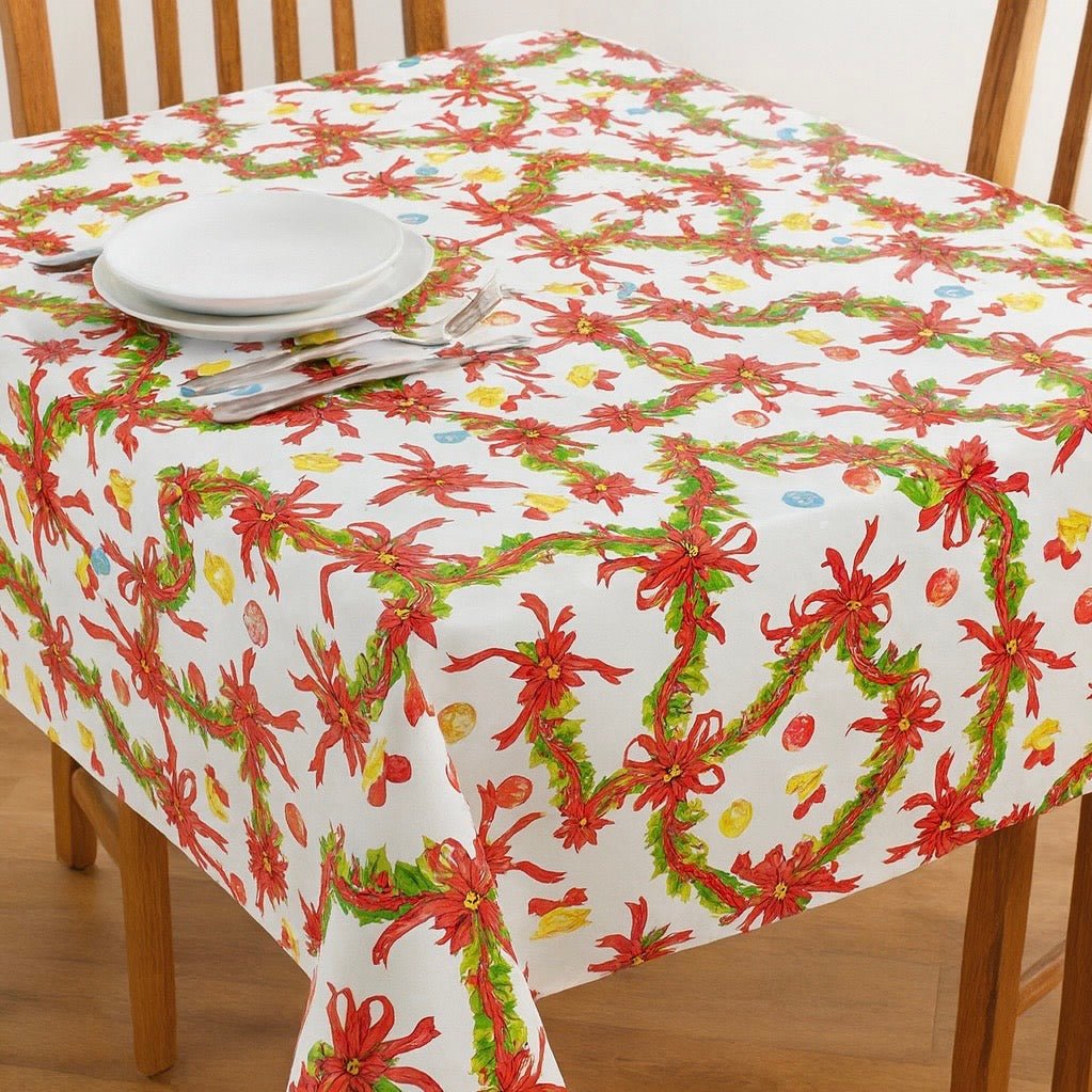 Christmas Wreaths & Bells Tablecloth PVC Fabric Xmas, White - Bull Ring Fabrics