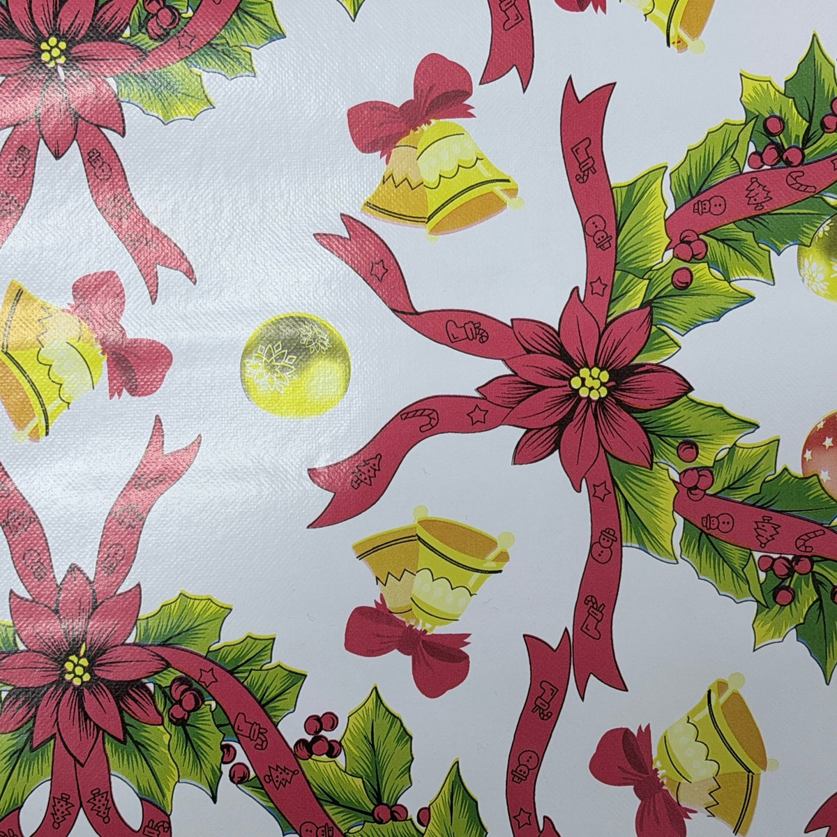 Christmas Wreaths & Bells Tablecloth PVC Fabric Xmas, White - Bull Ring Fabrics