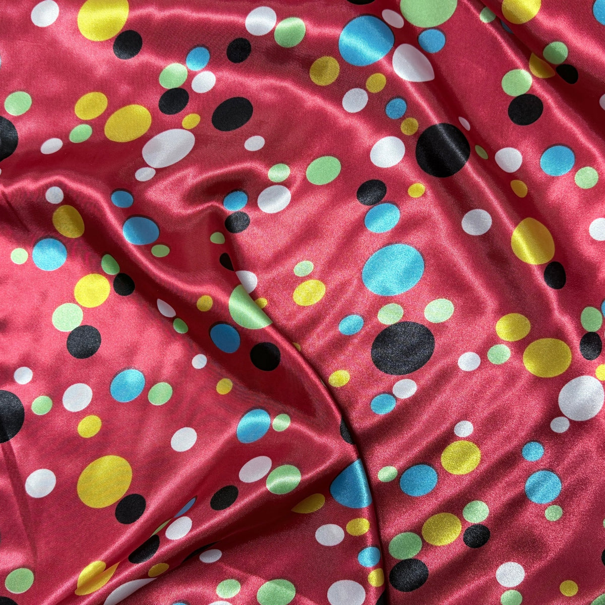 Colourful Polka Dot Spots Spotty Satin Dress Fabric 60", Red - Bull Ring Fabrics