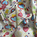 Colourful Retro Satin Fabric Love Hearts & Flowers Print 60" - Bull Ring Fabrics