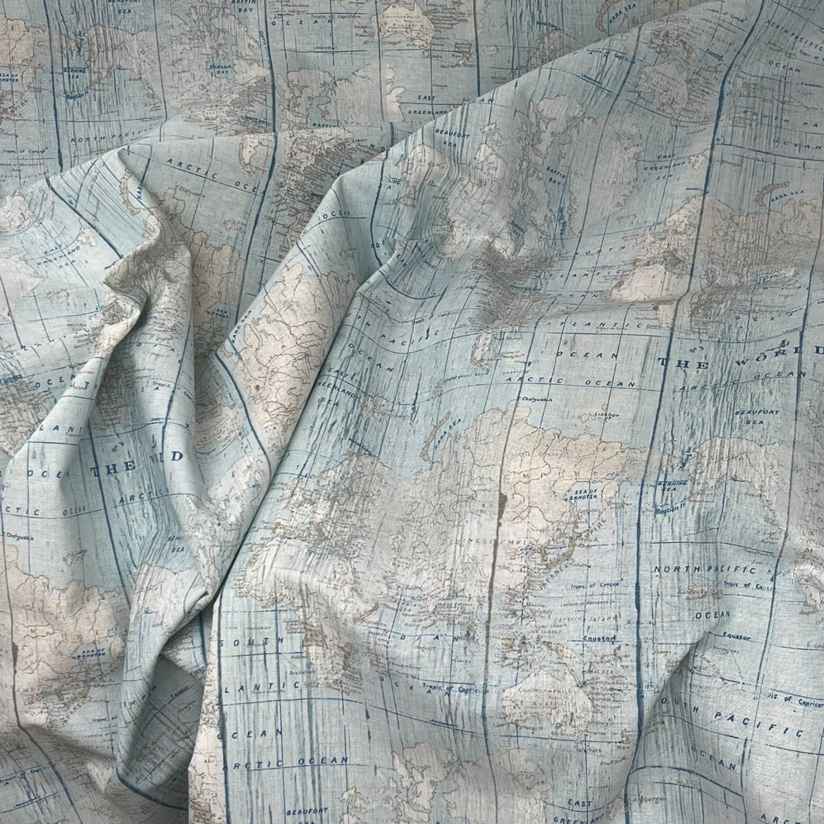 World Map Atlas Print Cotton Linen Look Fabric, Upholstery & Curtains 140cm - Bull Ring Fabrics