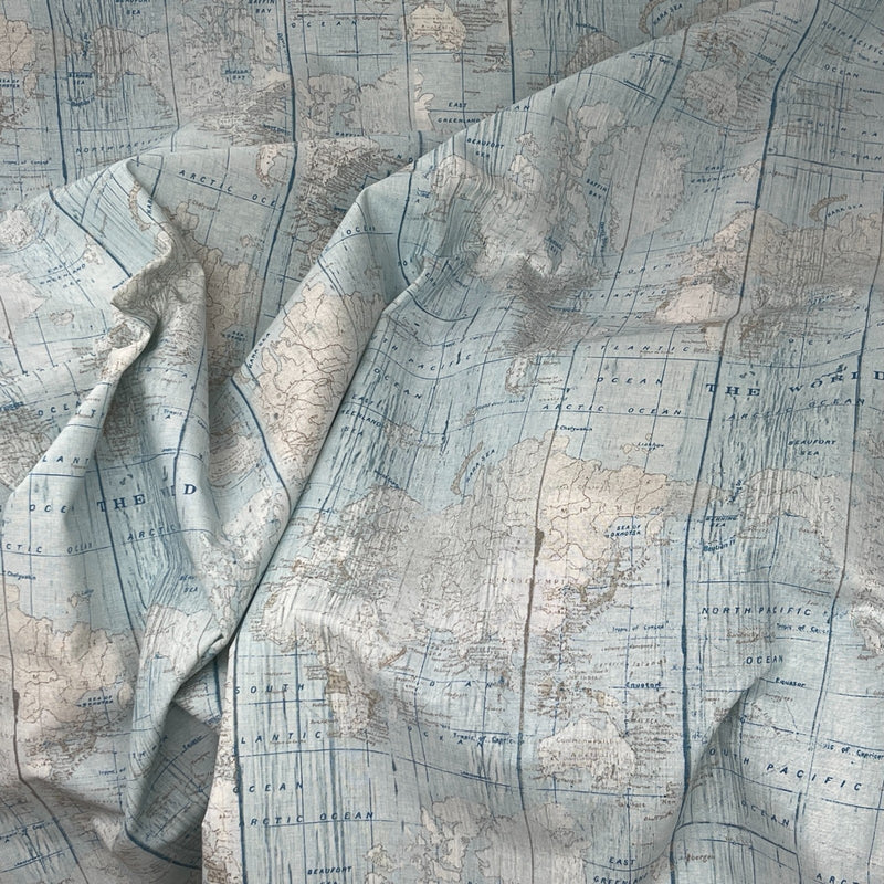 World Map Atlas Print Cotton Linen Look Fabric, Upholstery & Curtains 140cm - Bull Ring Fabrics