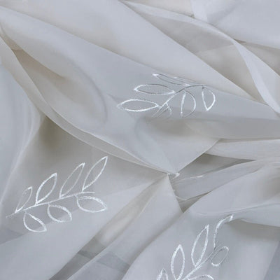 Cream Voile Embroidery Leaves Window Net Curtain Fabric 150cm Wide - Bull Ring Fabrics