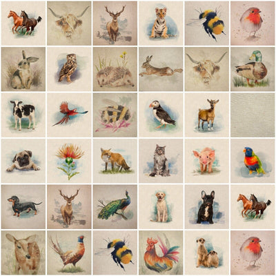 Cushion Bag Panels Animals Linen Fabric Kitten Dogs Rabbit Hare Peacocks 18x18" - Bull Ring Fabrics