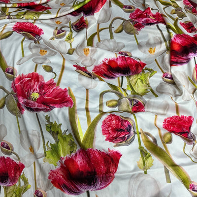 Digital Print Floral Flowers Silk Touch Satin Dress Fabric 60" Off White - Bull Ring Fabrics