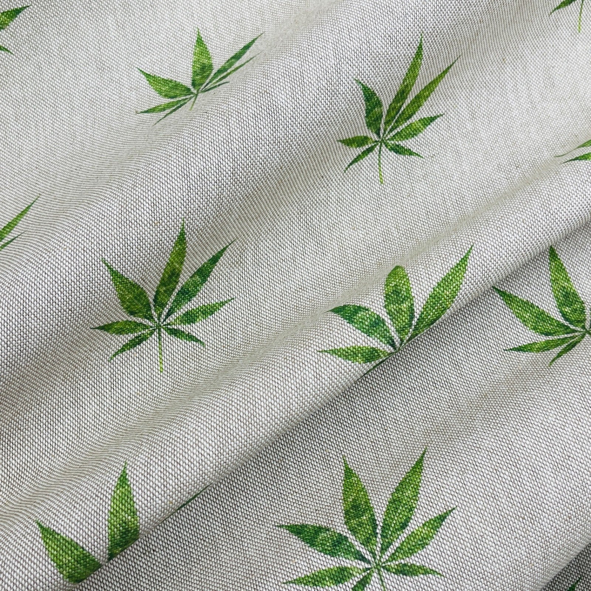Digital Printed Cotton Linen Fabric, Hemp Leaf - Bull Ring Fabrics