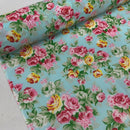 Floral Polycotton Fabric – Vintage Rose Print On Blue | 45” Wide Sewing & Craft Material - Bull Ring Fabrics
