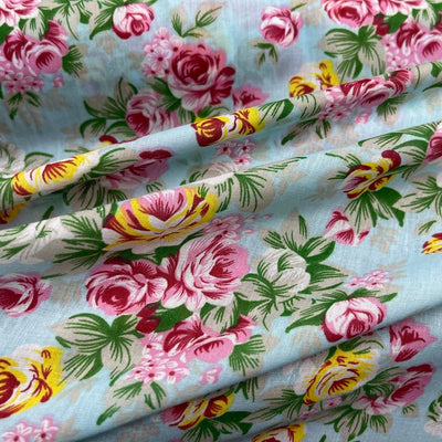 Floral Polycotton Fabric – Vintage Rose Print On Blue | 45” Wide Sewing & Craft Material - Bull Ring Fabrics