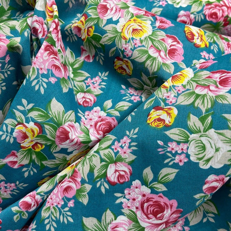 Floral Polycotton Fabric – Vintage Rose Print On Teal Green | 45” Wide Sewing & Craft Material - Bull Ring Fabrics