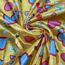 Funky Love Hearts Print Satin Fabric, Yellow - Bull Ring Fabrics