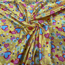 Funky Love Hearts Print Satin Fabric, Yellow - Bull Ring Fabrics