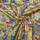 Funky Love Hearts Print Satin Fabric, Yellow - Bull Ring Fabrics