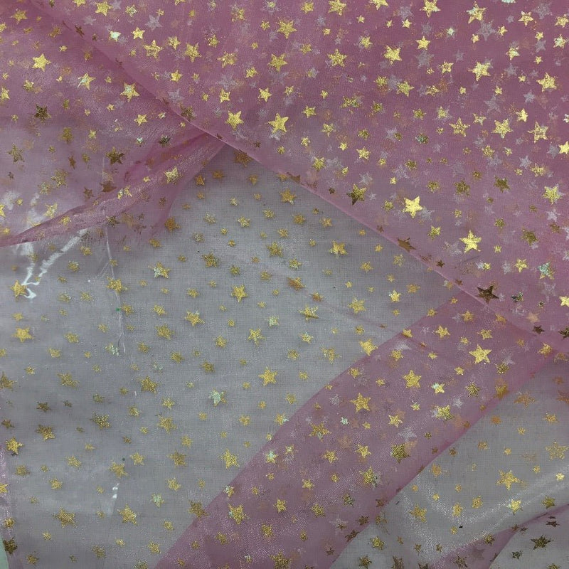 Gold Metallic Stars Organza Fabric Dress Draping 150cm, Pink - Bull Ring Fabrics