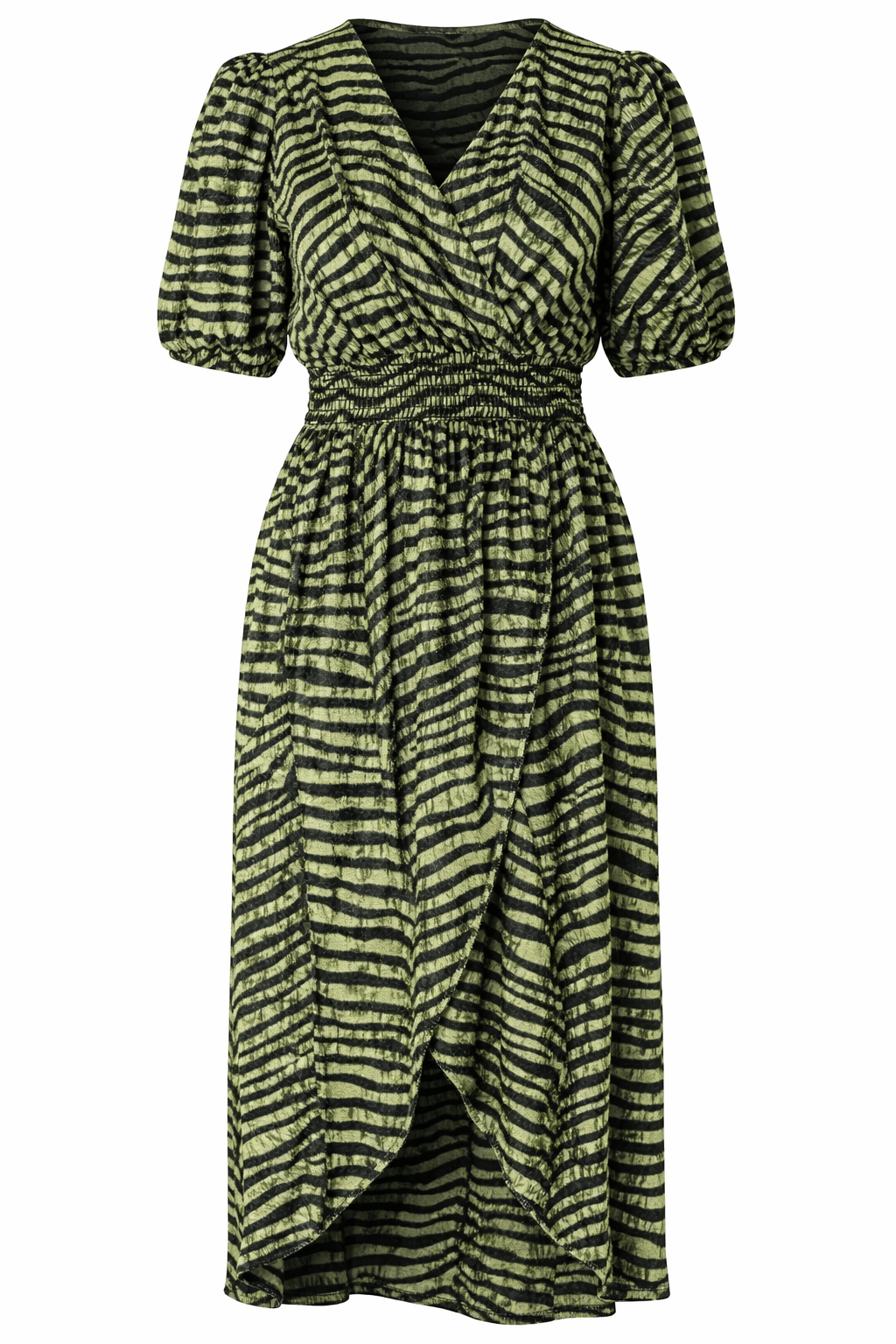 Green Black Zebra Print Velvet Dress Elastic Waist Textured Animal Print - Bull Ring Fabrics