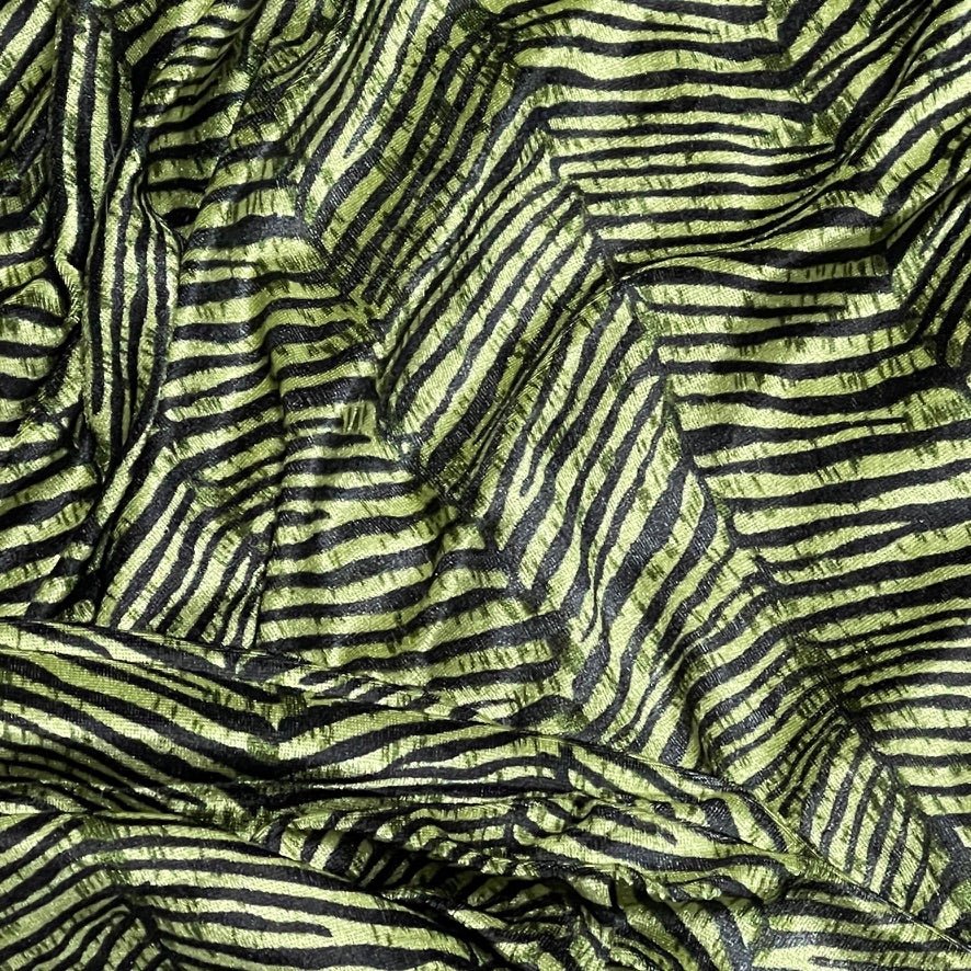Green Black Zebra Print Velvet Dress Elastic Waist Textured Animal Print - Bull Ring Fabrics