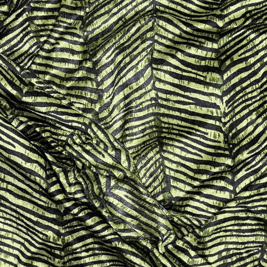 Green Black Zebra Print Velvet Dress Elastic Waist Textured Animal Print - Bull Ring Fabrics