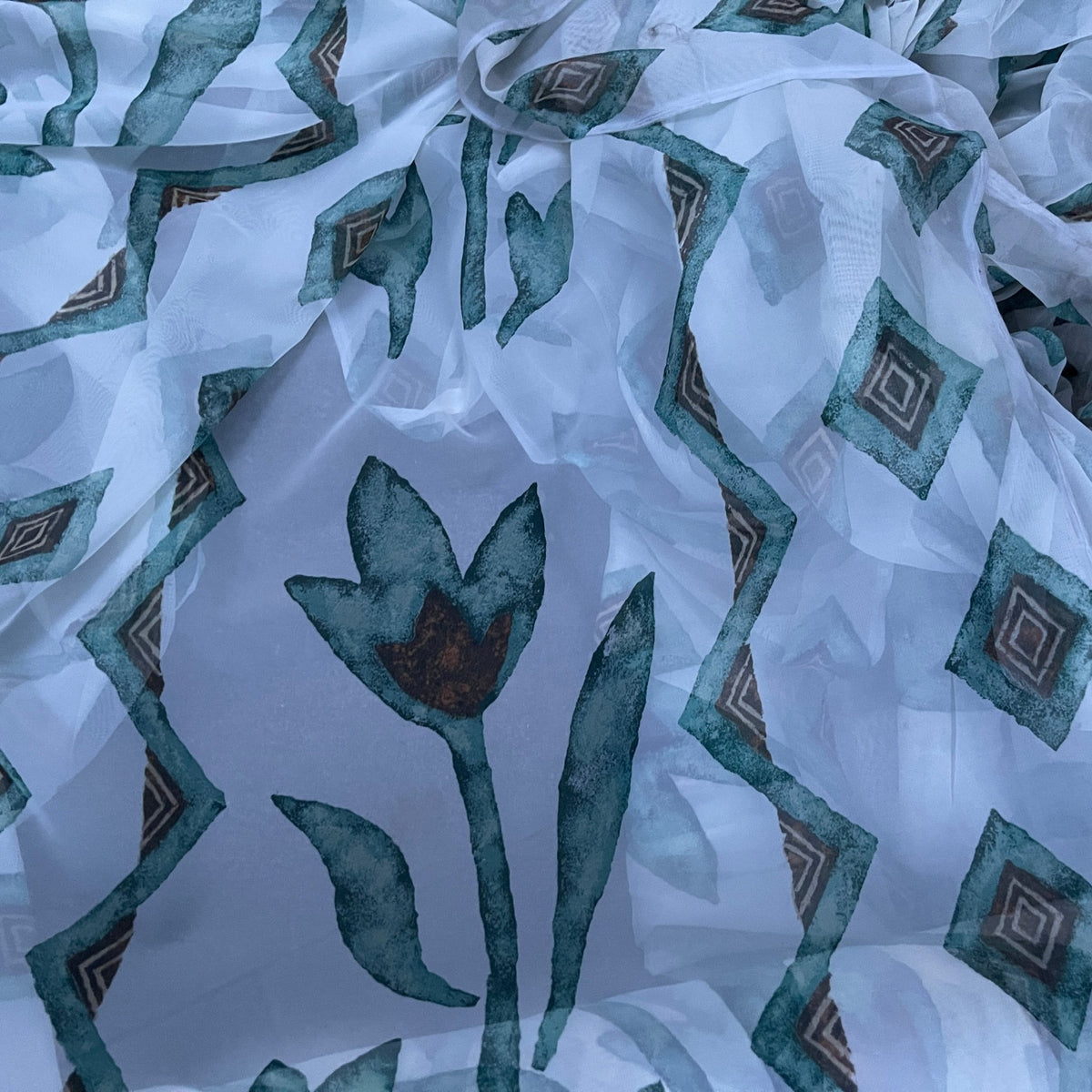 Green Bold Abstract Floral Voile Fabric 150cm, White - Bull Ring Fabrics