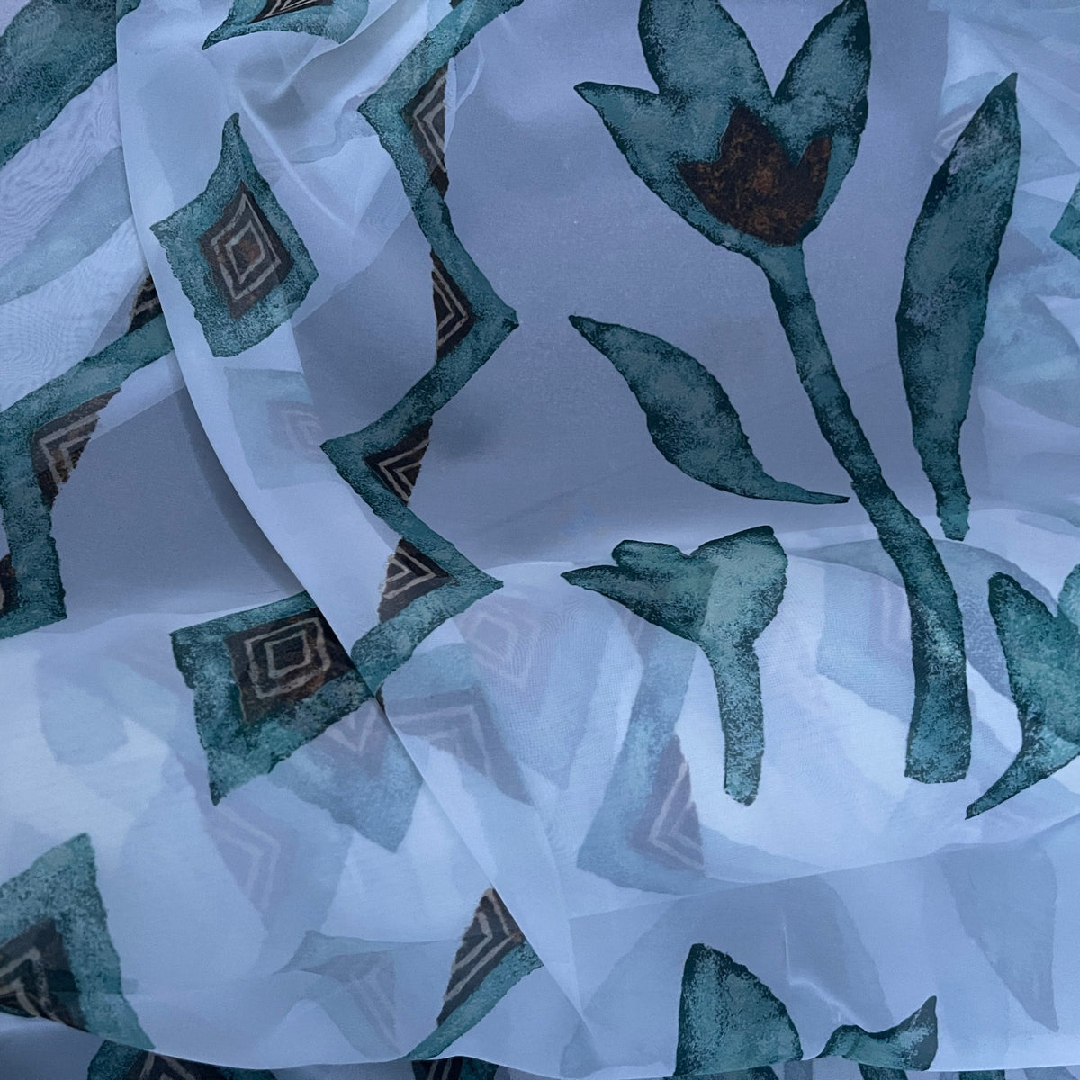 Green Bold Abstract Floral Voile Fabric 150cm, White - Bull Ring Fabrics